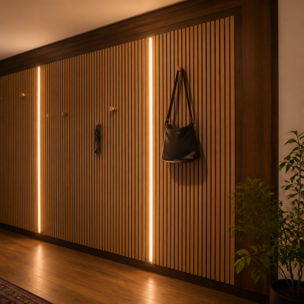 Parete Corridoio con listelli in legno Noce Forma 3