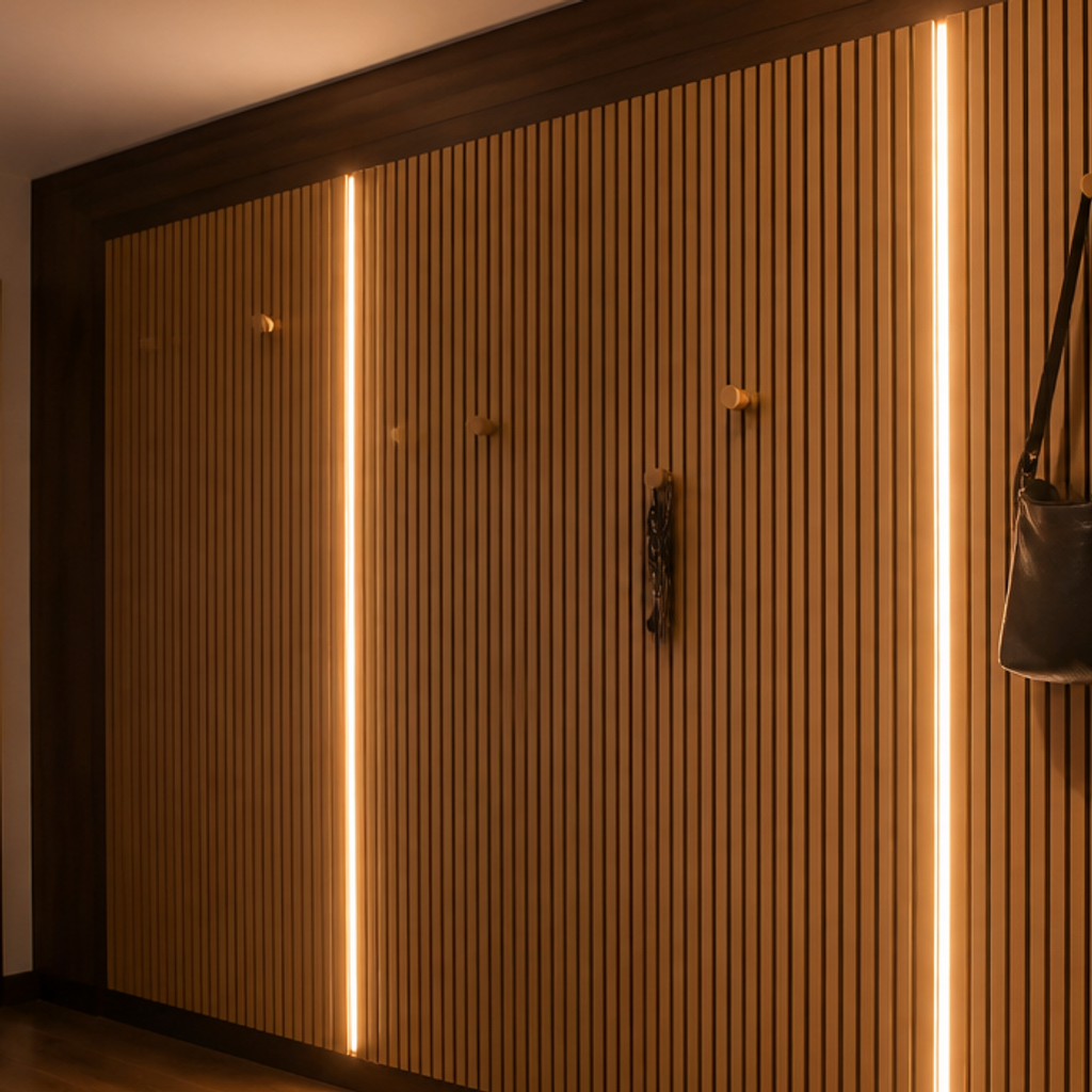 Parete Corridoio con listelli in legno Noce Forma 4