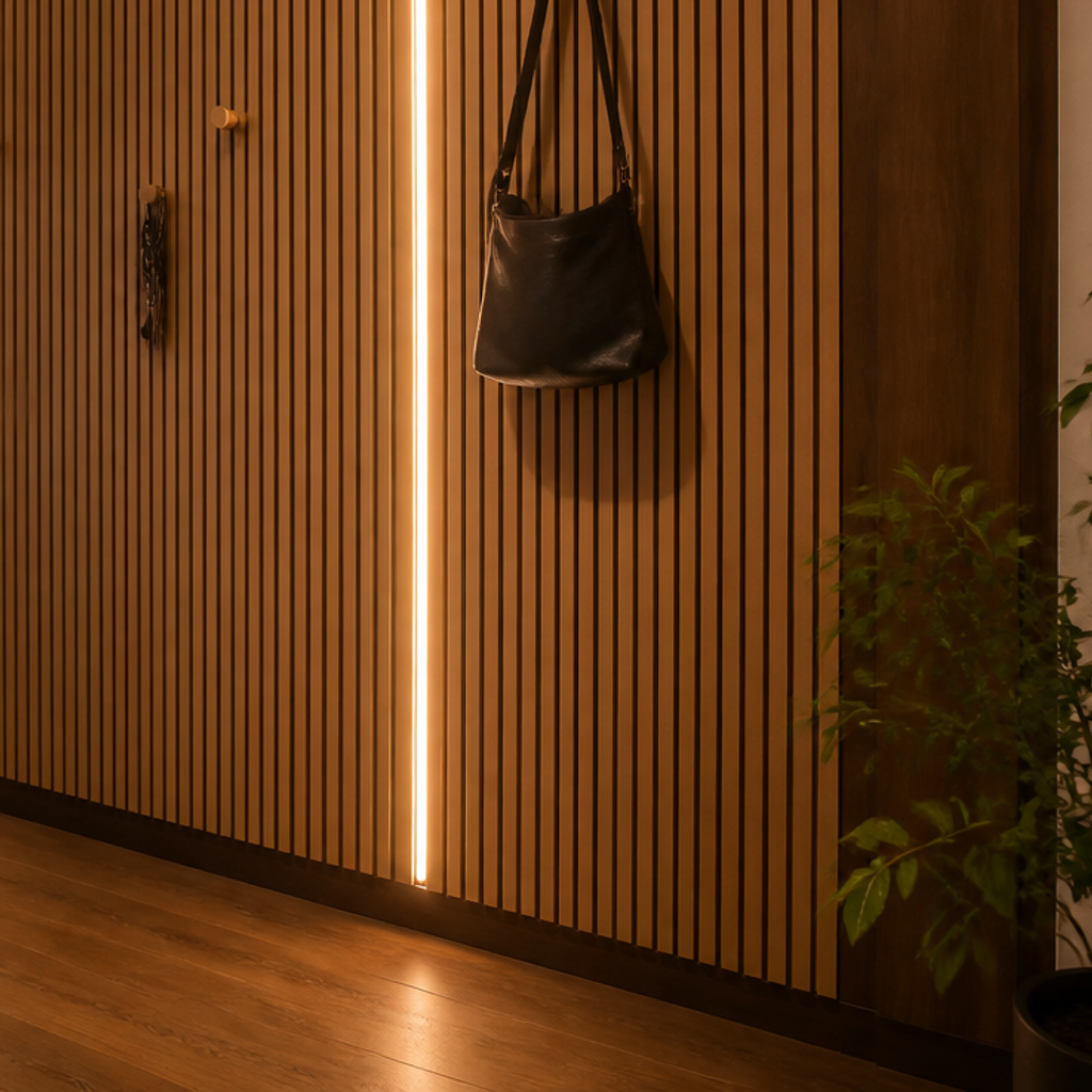 Parete Corridoio con listelli in legno Noce Forma 5