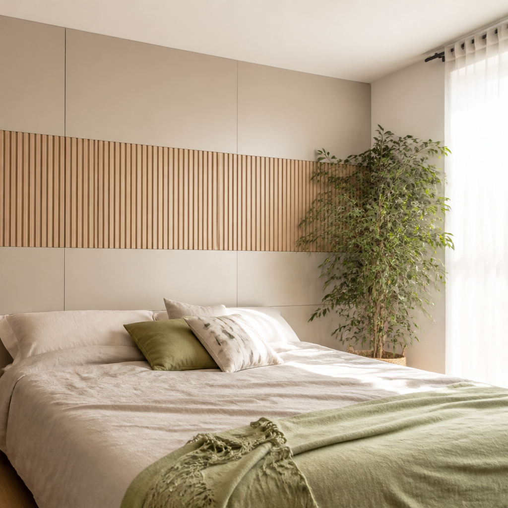 Parete Listelli dietro letto Rovere Ritmo 3