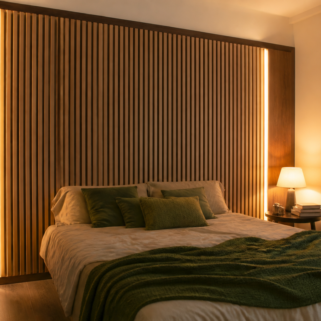 Parete Listelli dietro letto Noce Aria 1