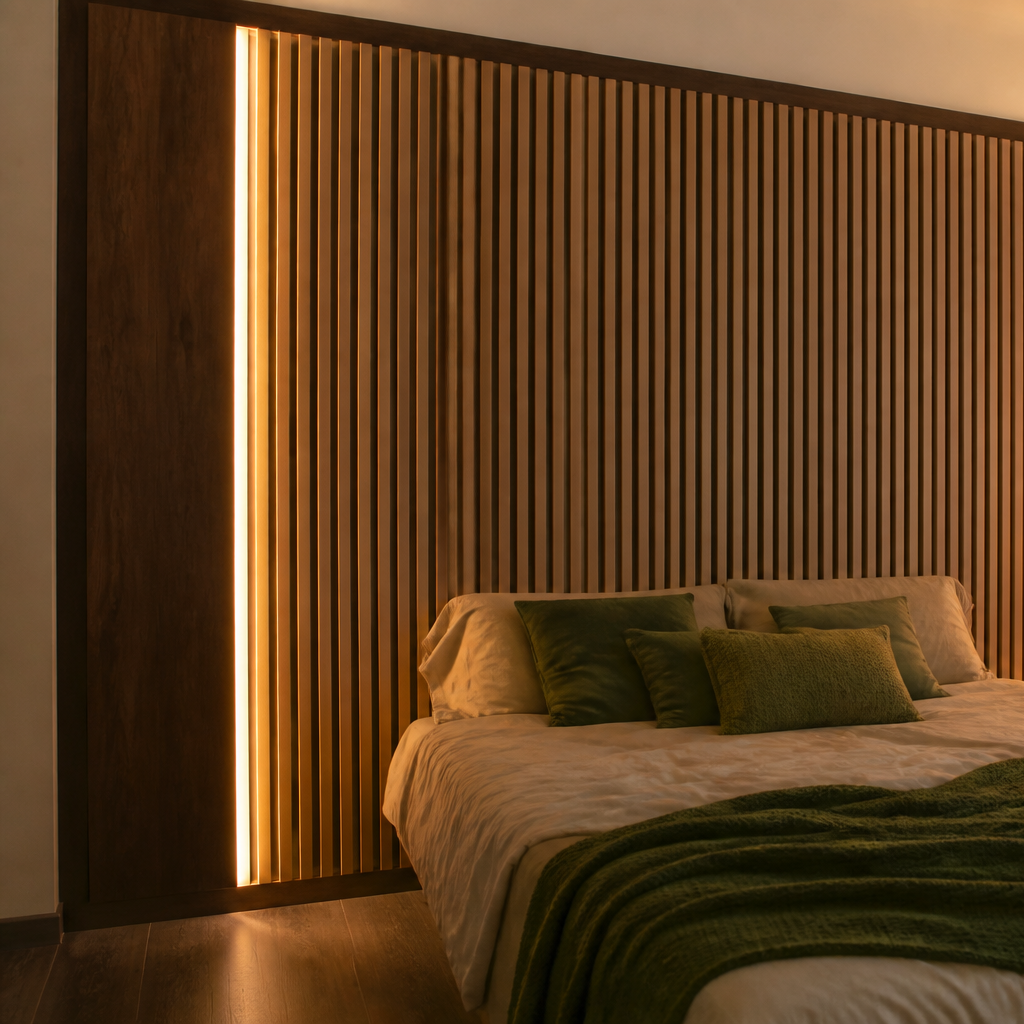 Parete Listelli dietro letto Noce Aria 2