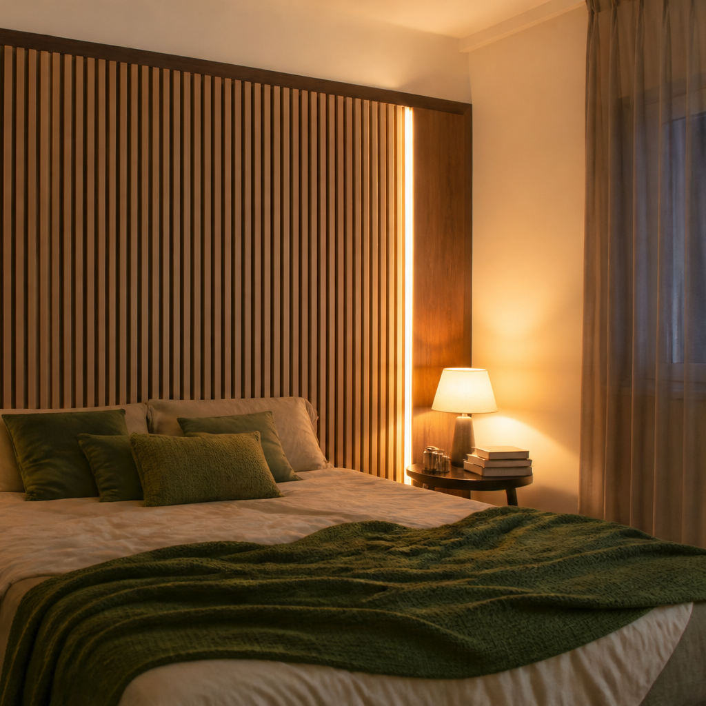 Parete Listelli dietro letto Noce Aria 3